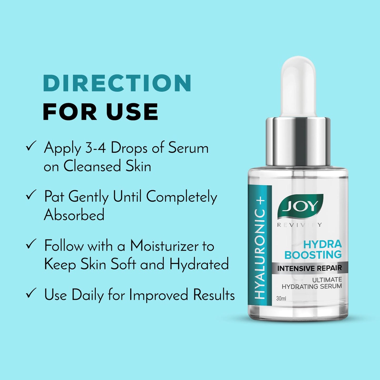 Hydrating serum bottle with usage instructions on a light blue background