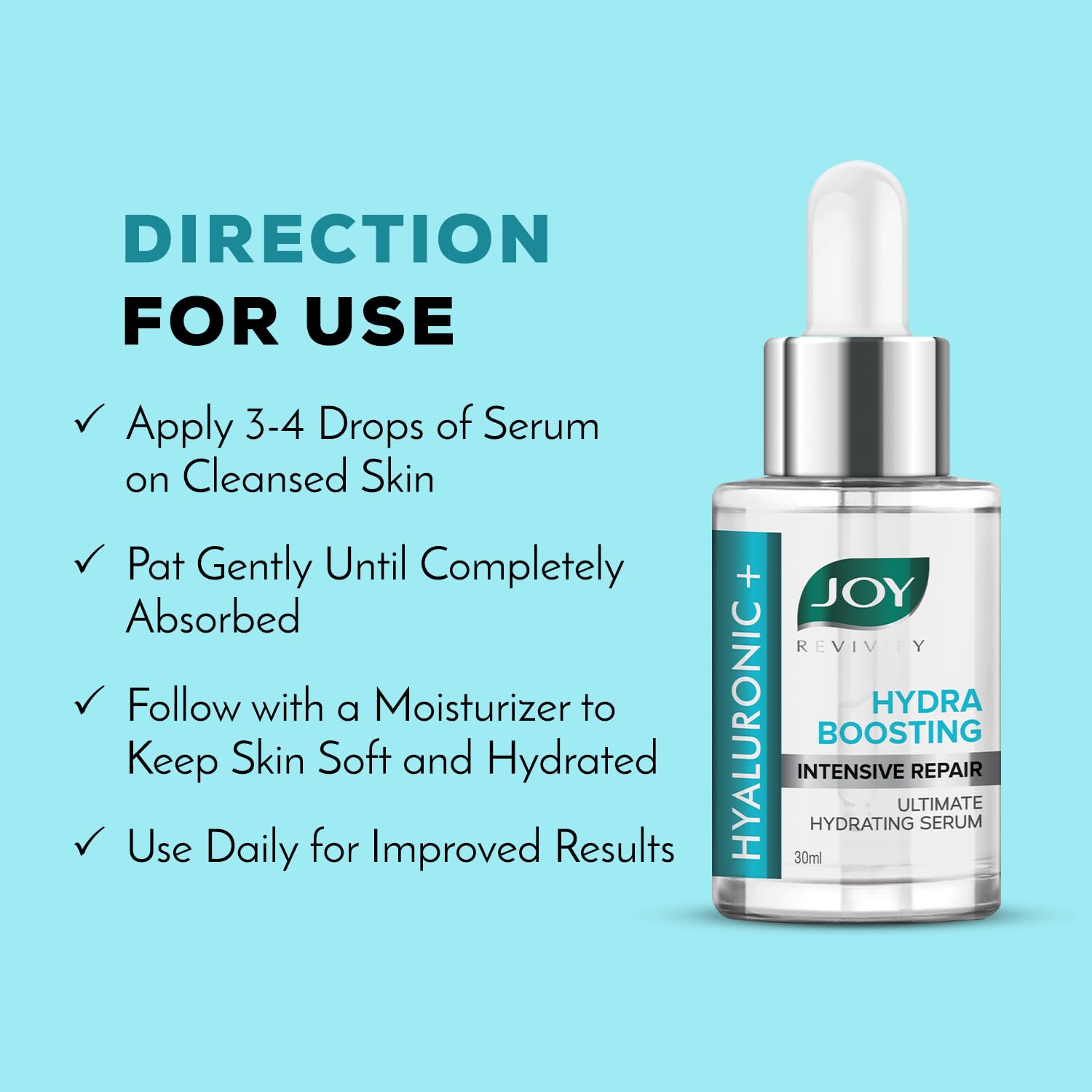 Hydrating serum bottle with usage instructions on a light blue background