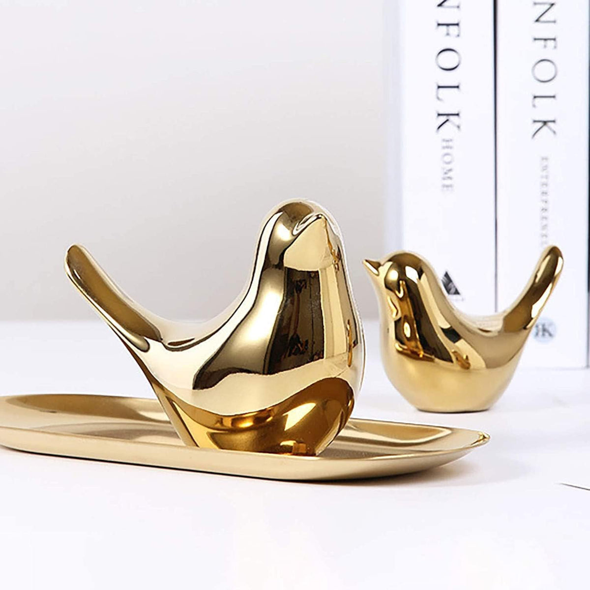 Ceramic Golden Birds Showpiece for Home Decor | Set of 3 Decorative Bird Figurines | Gold Bird Statue for Living Room, Bedroom, Office Desk, Cabinet & Shelf Decoration (Pack of 2, Golden)