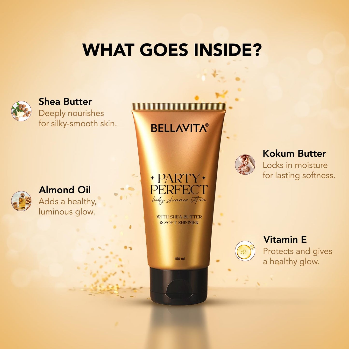 Bellavita body shimmer lotion with ingredients listed on a beige background