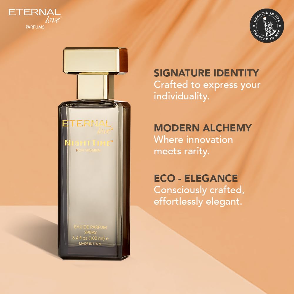 Eternal Love perfume bottle with brand description on a peach background