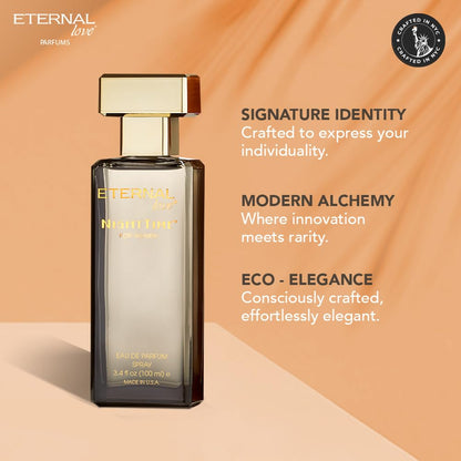 Eternal Love perfume bottle with brand description on a peach background