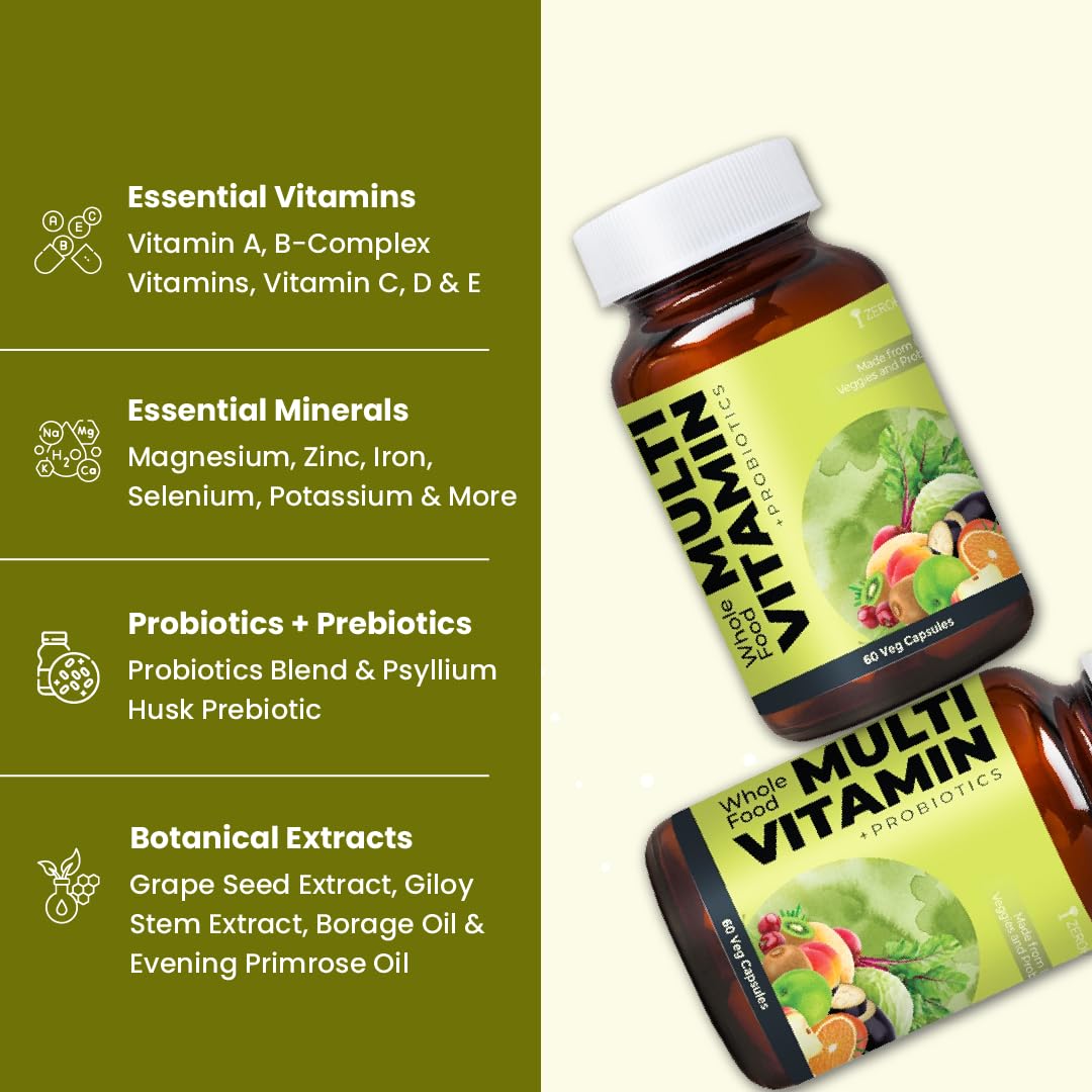 ZEROHARM Multivitamin+Probiotics for Men & Women | Plant-Based Daily Supplement with 25 Probiotic Strains | Boosts Immunity, Energy & Digestion | Whole Food Multivitamins & Minerals | 60 Veg Capsules