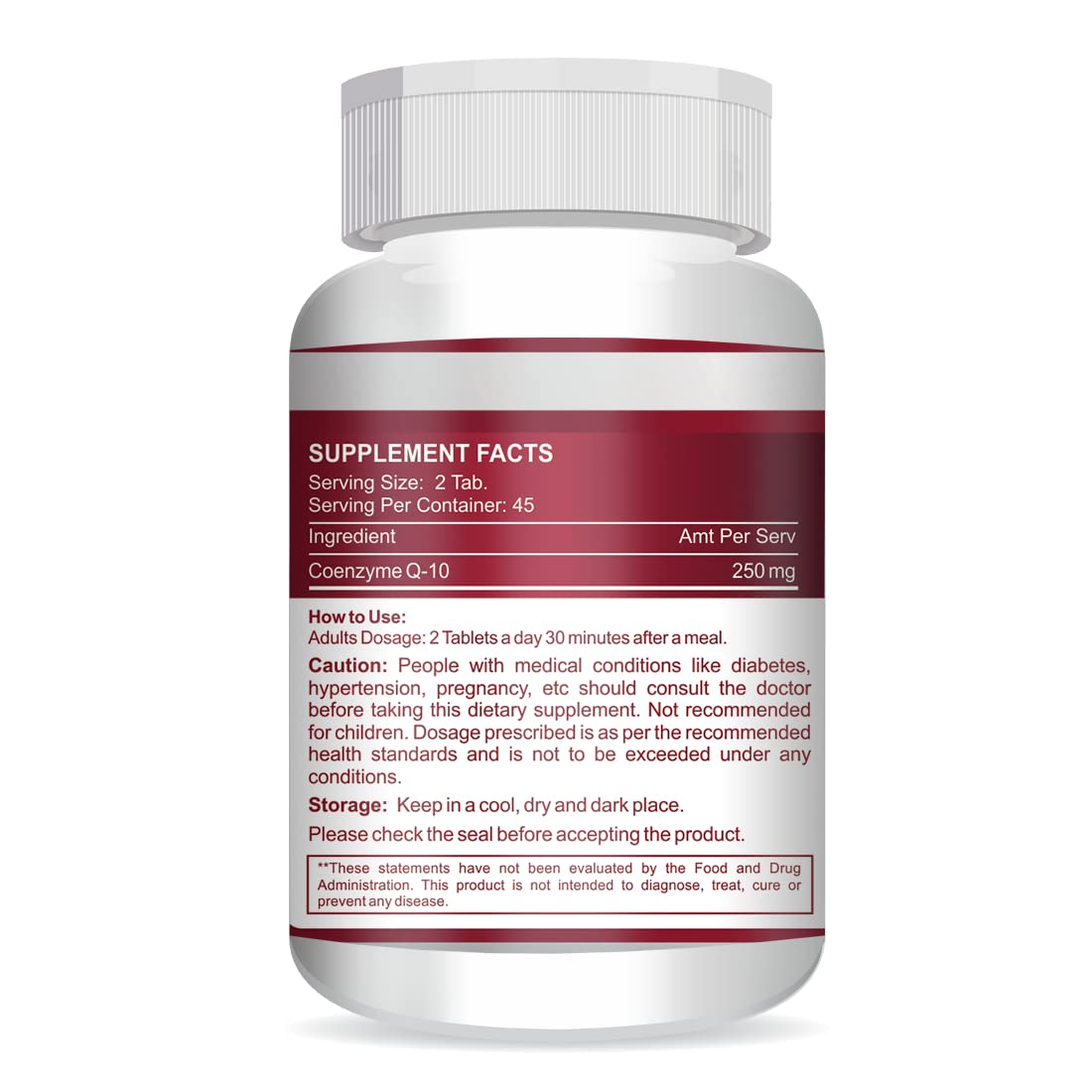 Supplement bottle with red label on a white background