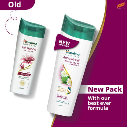 Himalaya Anti-Hair Fall Shampoo bottles, one old and one new, on a purple background.