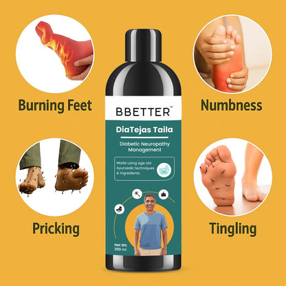 BBETTER DiaTejas Taila | Ayurvedic oil with Cooling Herbs to Support Diabetic Foot Neuropathy Pain Management, Tingling Sensation & Nerve Support – 200ml