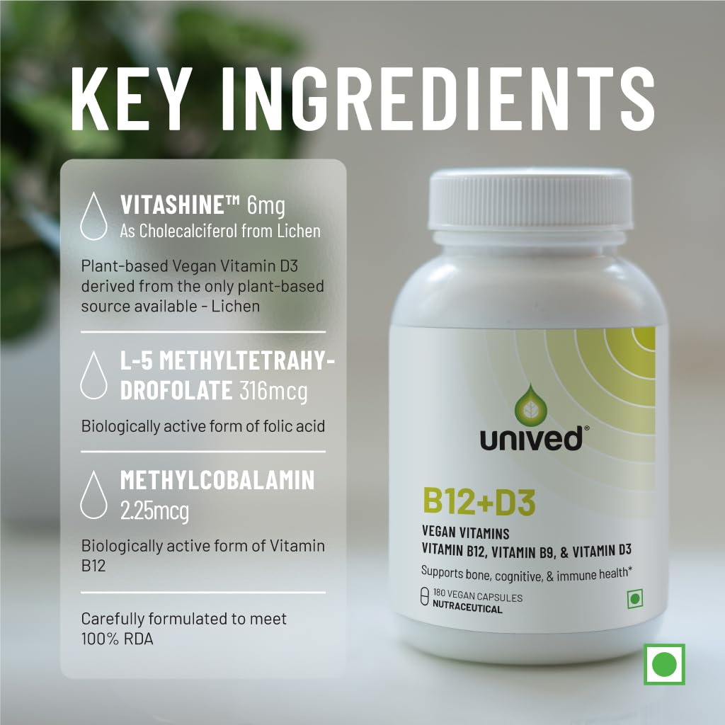 Zephivo Unived B12+D3 | Methylcobalamin (98%), Methyltetrahydrofolate (5-MTHF), Vitamin D3 (Cholecalciferol) | Bone, Cognitive, Immune, & Cardiovascular Support | 180 Vegan Capsules
