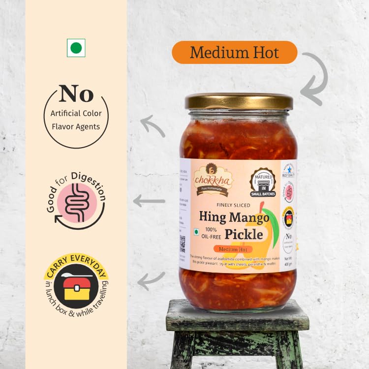 Chokkha Traditional Homemade Hing Mango Pickle | Hing aam ka achar | Good for Digestion | 100% Oil-Free Pickle | Handcut | Sun Dried | No Artificial Colors | No Vinegar or Tatri | 400 Gm
