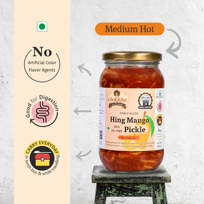 Chokkha Traditional Homemade Hing Mango Pickle | Hing aam ka achar | Good for Digestion | 100% Oil-Free Pickle | Handcut | Sun Dried | No Artificial Colors | No Vinegar or Tatri | 400 Gm