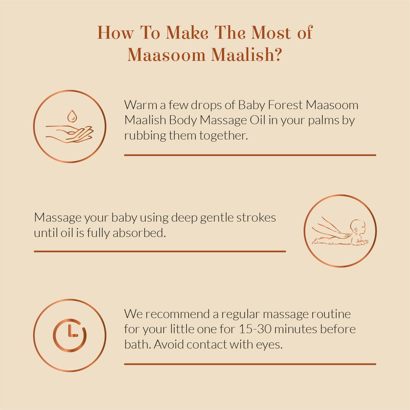 Instructions on using Maasoom Maalish body massage oil for babies with icons and text.