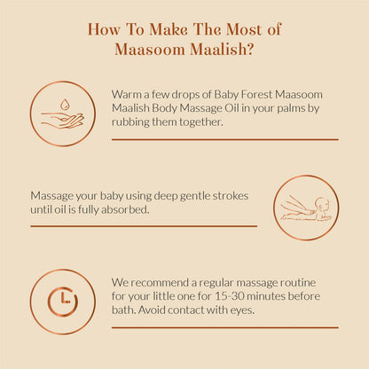 Instructions on using Maasoom Maalish body massage oil for babies with icons and text.