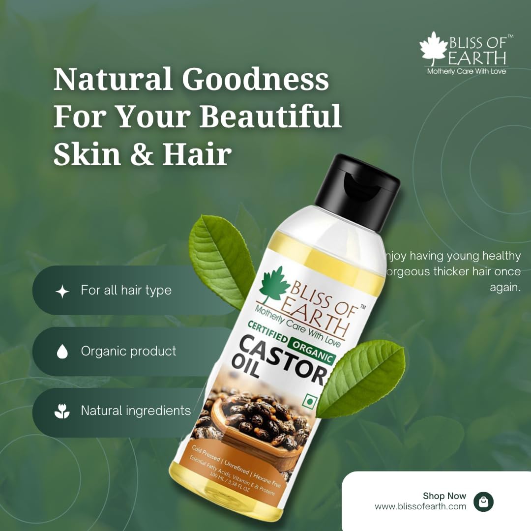 Bliss of Earth Organic Cold Pressed Castor Seed Oil For Hair Growth, Skin & Thicker Eyelashes, Hexane Free Arandi Tel, 100ml