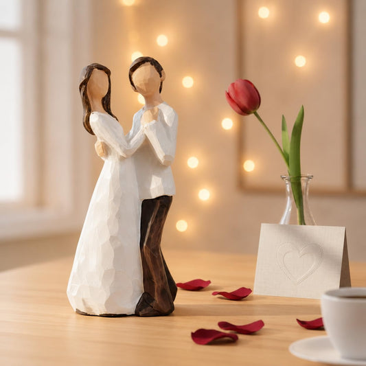 Beautiful Hand Painted Medium Size Resin Romantic Couple Statue for Home Decor (Pack of 1, White & Brown Color)