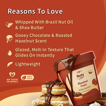 Plum BodyLovin' Hazelnut Eclair Body Butter | Shea Butter & Brazil Nut Oil for Deep Moisturization | Non-Greasy & Lightweight | Buttery Soft, Smooth & Moisturised Skin | For Dry To Very Dry Skin | Decadent Hazelnut Chocolate Fragrance | 180gm