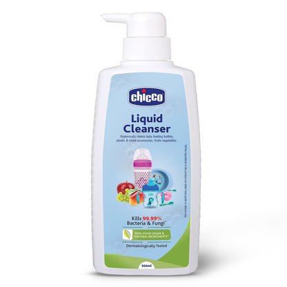 Chicco Liquid Cleanser 500ml I 100% Food Grade & Natural Ingredients I Kills 99.99% germs I Effective cleaning of baby Bottles, Nipples, Accessories and Toys I Baby Safe & Dermatologically Tested