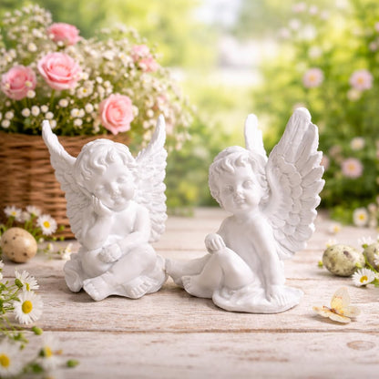 White Angel Cherub Figurine Set – Elegant Home Decor Showpiece for Living Room, Bedroom & Office | Premium Decorative Statue for Anniversary, Housewarming, Birthday & Wedding