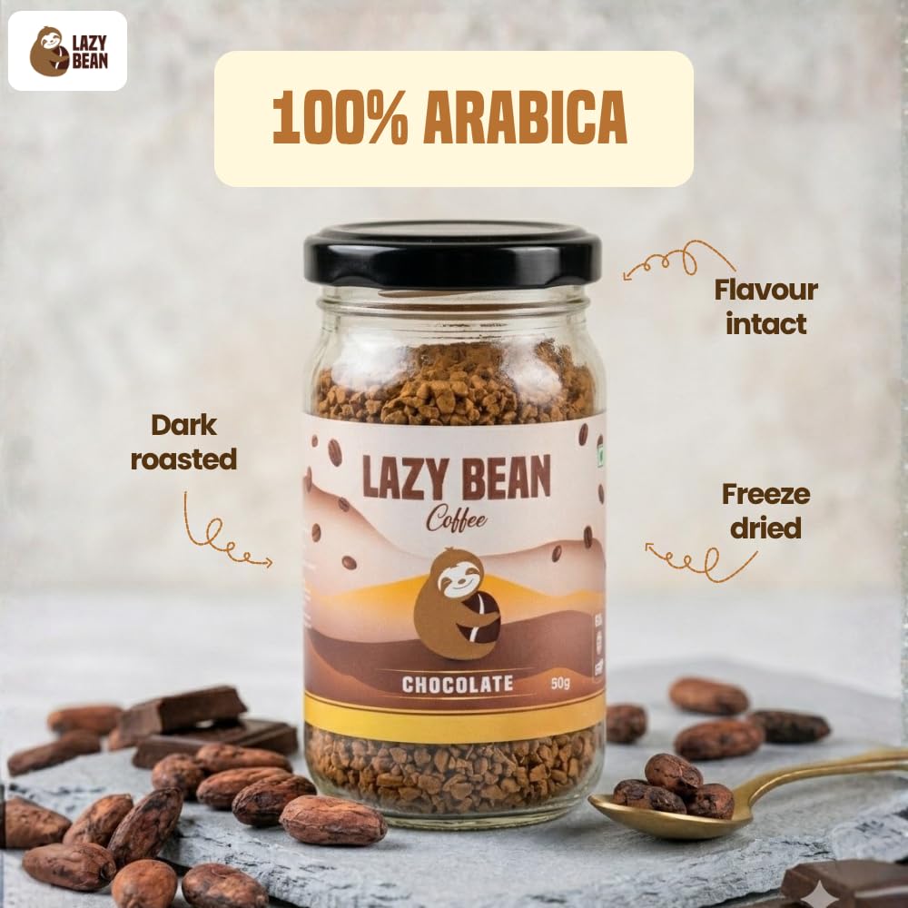 Lazy Bean Intense Chocolate Flavoured - Premium Instant Coffee Powder 50 g | Strong Black Coffee, Rich Aroma, Quick-Dissolving Granules | Ready in Seconds for Hot or Iced Brews at Home, Office, Travel