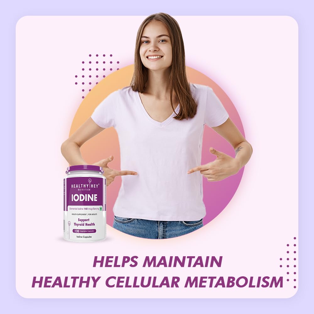 Woman holding a supplement container with text about iodine and cellular metabolism on a colorful background