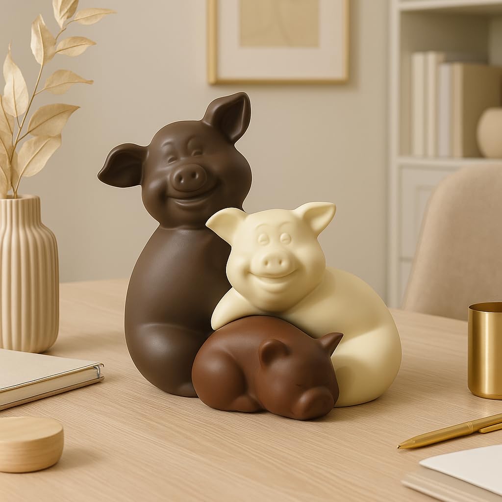 Home Décor Teddy Piggy Family Matte Finish Ceramic Figurines - (Set of 3, Matte Brown)