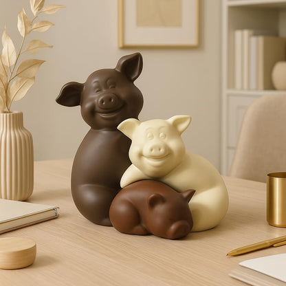Home Décor Teddy Piggy Family Matte Finish Ceramic Figurines - (Set of 3, Matte Brown)