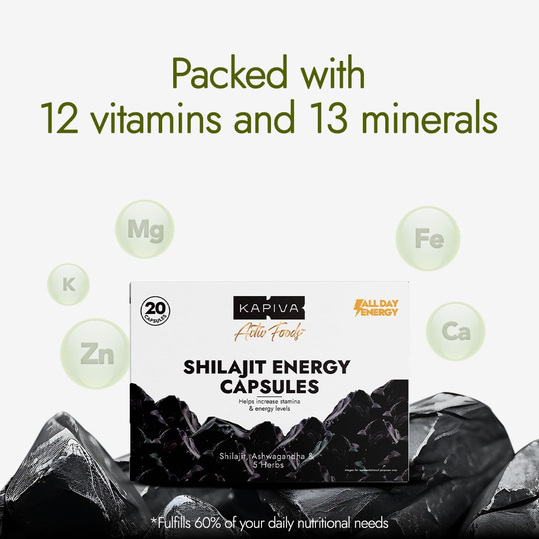 Kapiva Shilajit/Shilajeet Energy 20 Capsules | Made with 100% Pure Shilajit | For All Day Energy & Stamina | With Ashwagandha,Gokshura | 100% Ayurvedic