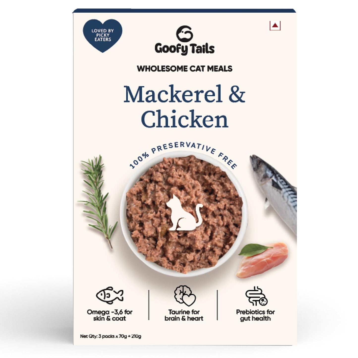 Goofy Tails Mackerel and Chicken Wet Cat Food and Kitten Food, 210g (70g X 3 Pouches), Preservative Free, Gluten & Grain Free, Balanced Cat Wet Food, Powered by Taurine with Omega 3 & Antioxidants