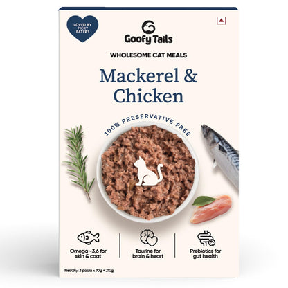 Goofy Tails Mackerel and Chicken Wet Cat Food and Kitten Food, 210g (70g X 3 Pouches), Preservative Free, Gluten & Grain Free, Balanced Cat Wet Food, Powered by Taurine with Omega 3 & Antioxidants