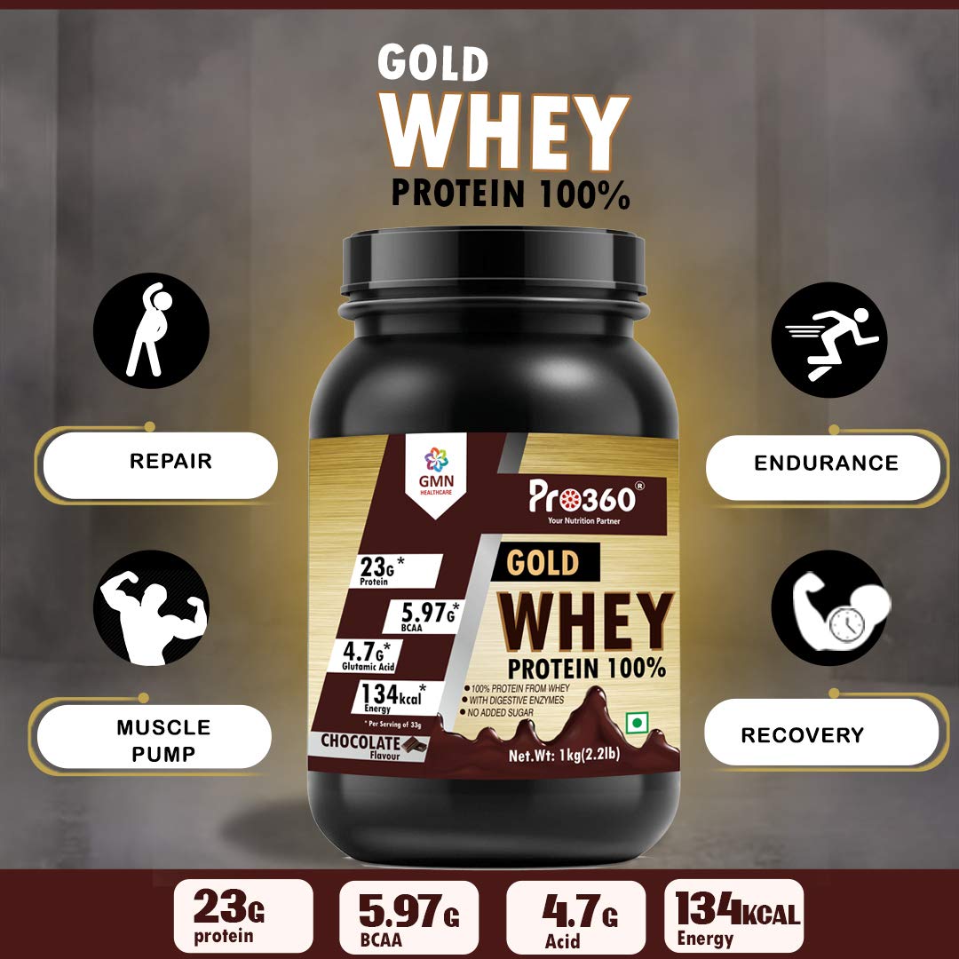 Pro360 Gold Whey Protein Powder - Chocolate | 100% Whey with Digestive Enzymes | 23g Protein, 5.97g BCAA, 4.7g Glutamic Acid per Serving | No Added Sugar | 1kg Pack