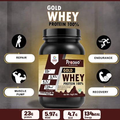 Pro360 Gold Whey Protein Powder - Chocolate | 100% Whey with Digestive Enzymes | 23g Protein, 5.97g BCAA, 4.7g Glutamic Acid per Serving | No Added Sugar | 1kg Pack