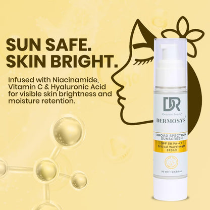 Dermosys Sunscreen SPF 50 PA+++ | 50ml Organic & Non Comedogenic SunscreenSPF50 | UVA, UVB & Blue Light Protection | With Hyaluronic Acid & Vitamin C | No White Cast | For All Skin Types