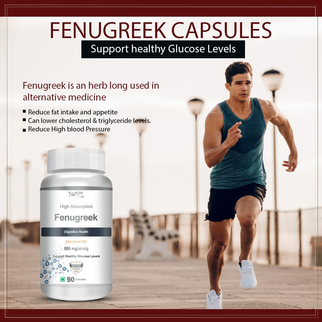 Fenugreek capsules for healthy glucose levels with a man running in the background