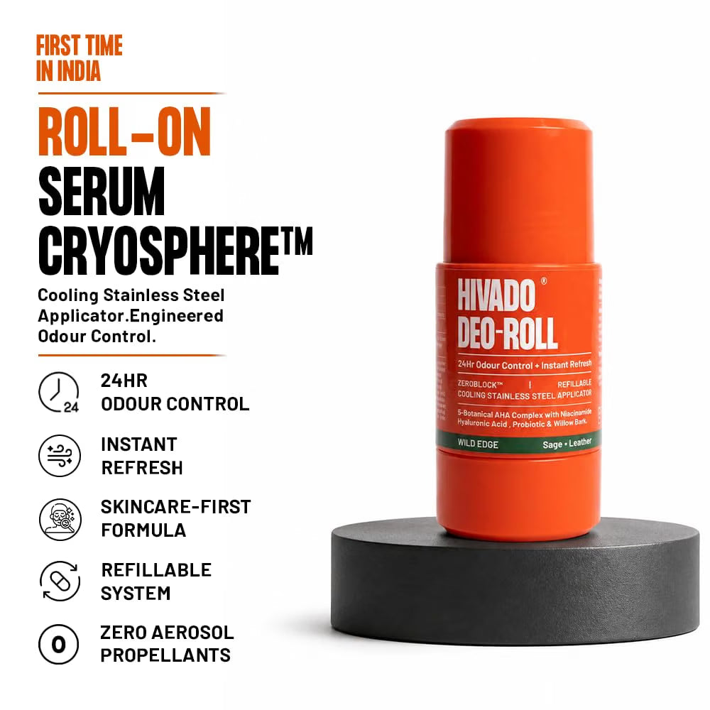 HIVADO Refillable Roll-On Deodorant 40ml | Stainless Steel Ball Applicator | Cooling Odour Control with Probiotic & Niacinamide | Underarm Brightening | Aluminium & Alcohol Free