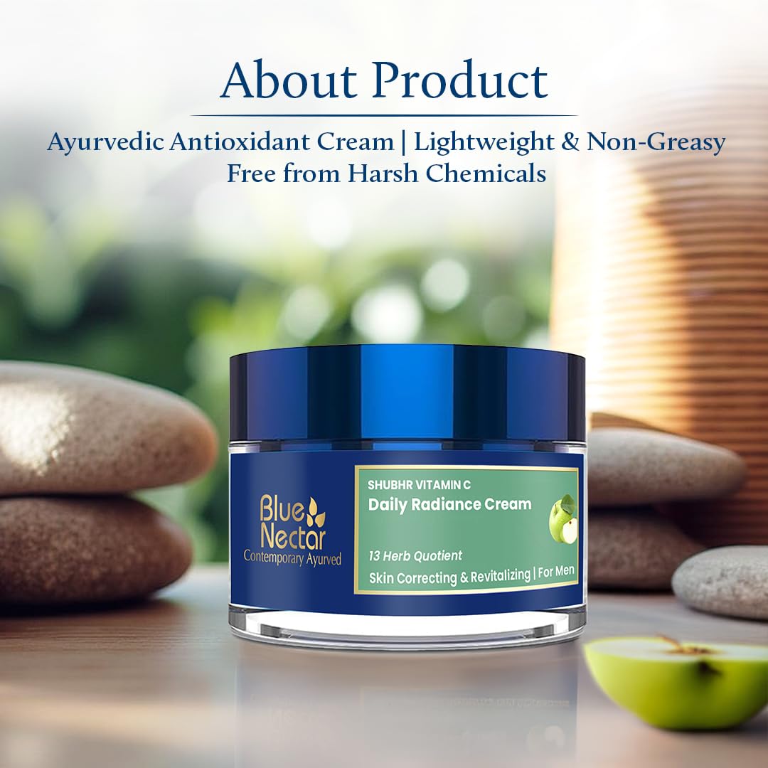 Blue Nectar Plant Based Vitamin C Face Cream for Glowing Skin Dark Spot Removal Cream for Men with Green Apple and Almond Oil (13 Herbs, 50g)