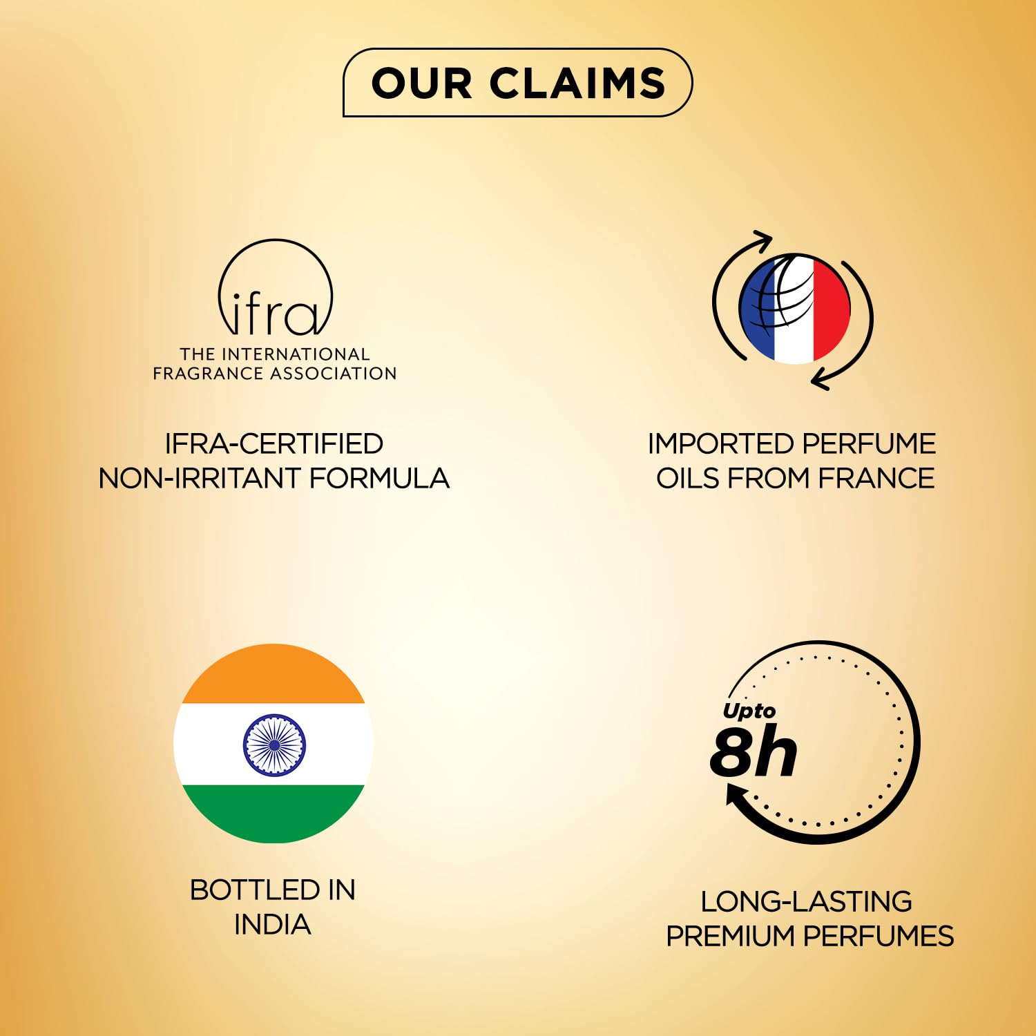 List of perfume claims including IFRA certification, imported oils from France, bottling in India, and long-lasting premium perfumes on a gold background.