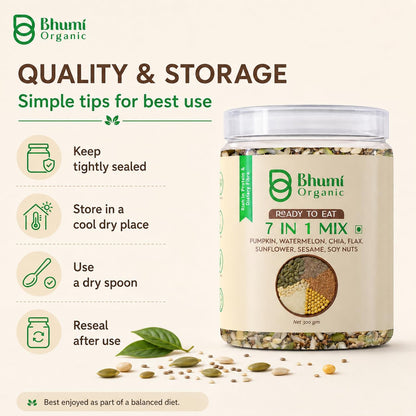 Bhumi Organic 7 in 1 Seeds Mix 300g | Pumpkin, Watermelon, Sunflower, Flax, Chia, Sesame & Soynuts, Edible Seeds, Healthy Diet Snacks, 100% Natural