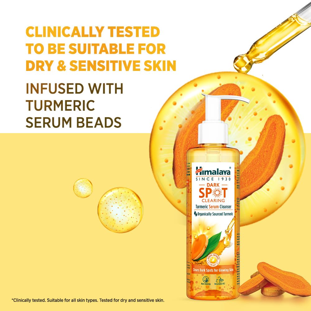 Himalaya Dark Spot Clearing Turmeric Serum bottle with turmeric ingredients on a yellow background