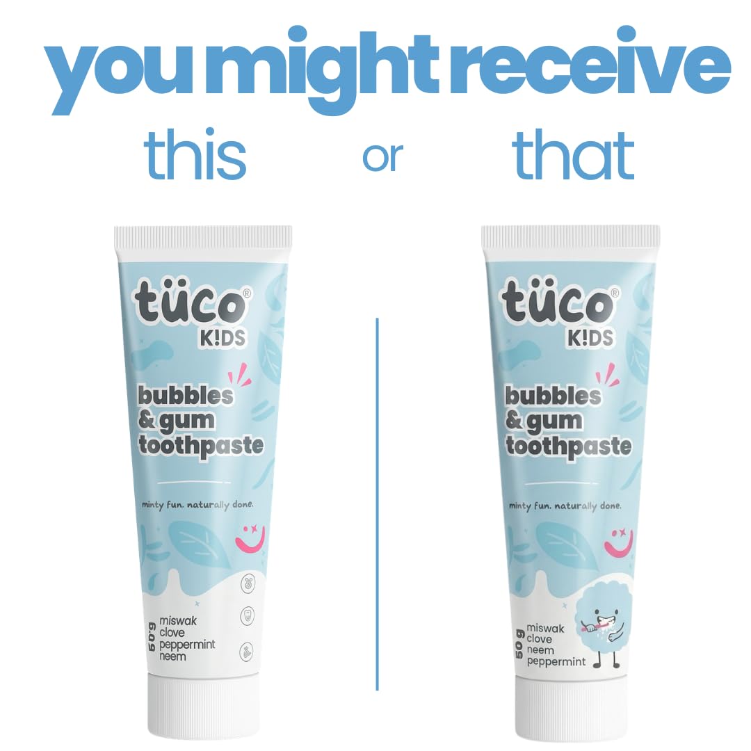 Two tubes of tüco Kids bubbles & gum toothpaste on a white background with text 'you might receive this or that'.