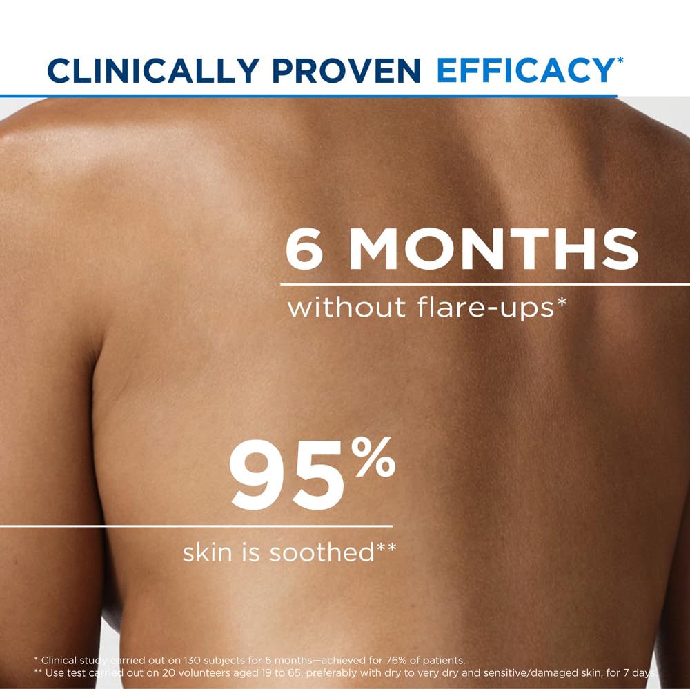 Back of a person with text indicating clinically proven efficacy and skin improvement statistics.