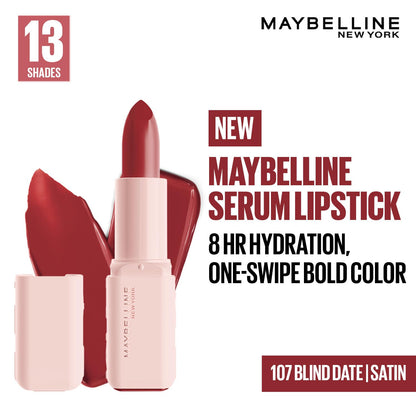 Maybelline New York Serum Lipstick (Satin) weightless hydration, One-swipe bold color, Mauve - 107 Blind Date, 4.2g