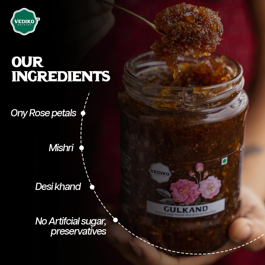 Vediko Origins Gulkand 350Gm|100% Sun-Cooked Pure Rose Petal Jam With No Artificial Flavors|Good For Gut Health|Sweetened With Raw Sugar (Mishri)|Improves Digestion|Natural Coolant|A Healthy Dessert
