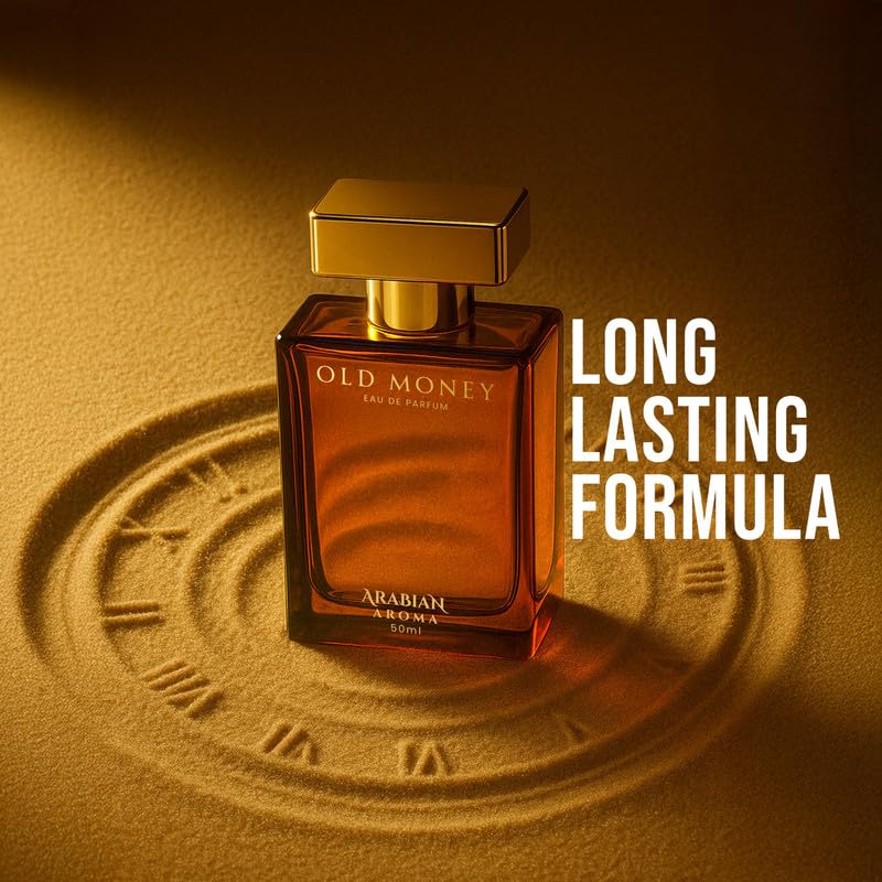 Perfume bottle with 'Old Money' text on a gold background