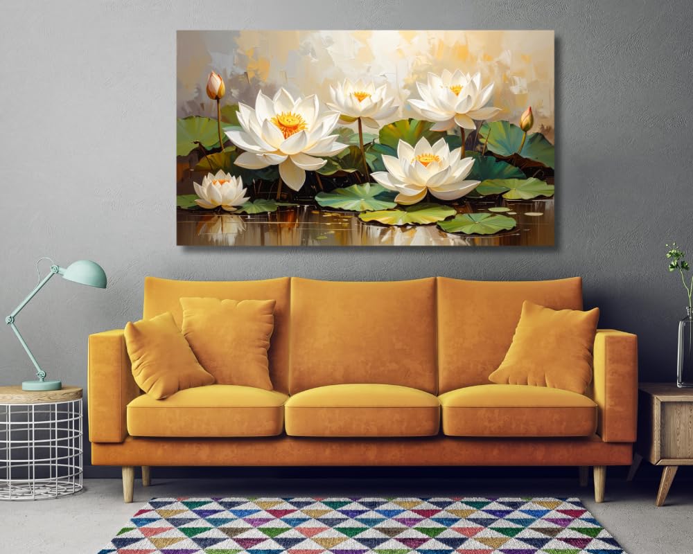 White Lotus Wall Painting Big Size ( UNFRAMED - Rolled Canvas Print only ) – Artistic Lotus Painting for Wall Vastu Landscape, Lotus Flower Painting for Living Room, Bedroom & Home, Luxury Lotus Canvas Painting