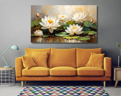 White Lotus Wall Painting Big Size ( UNFRAMED - Rolled Canvas Print only ) – Artistic Lotus Painting for Wall Vastu Landscape, Lotus Flower Painting for Living Room, Bedroom & Home, Luxury Lotus Canvas Painting