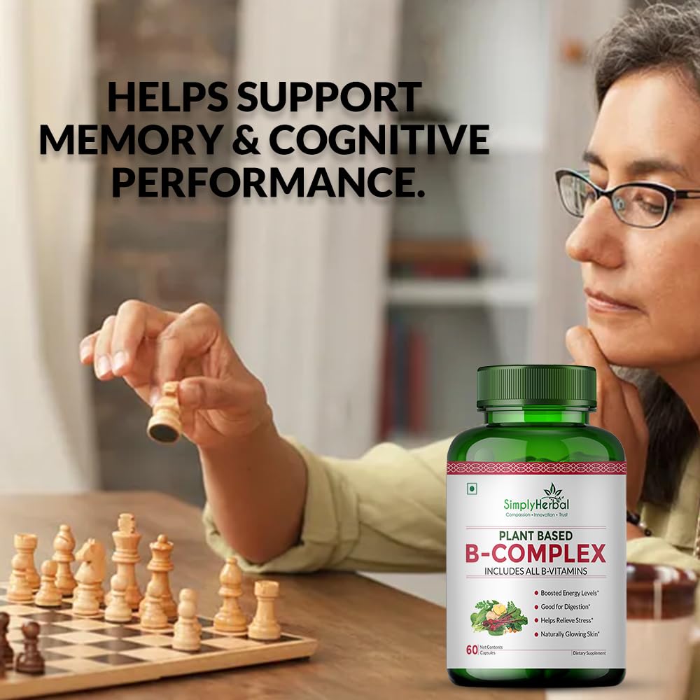 Simply Herbal Plant Based Vitamin B Complex Capsules, B-Complex Vitamin B1, B2, B3, B5, B6, B7, B9 & B12 | Supports Healthy Blood Cells, Metabolism & Improve Body Energy Level, 60 Capsules