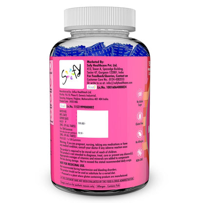 Supplement bottle with pink label and white cap on a white background