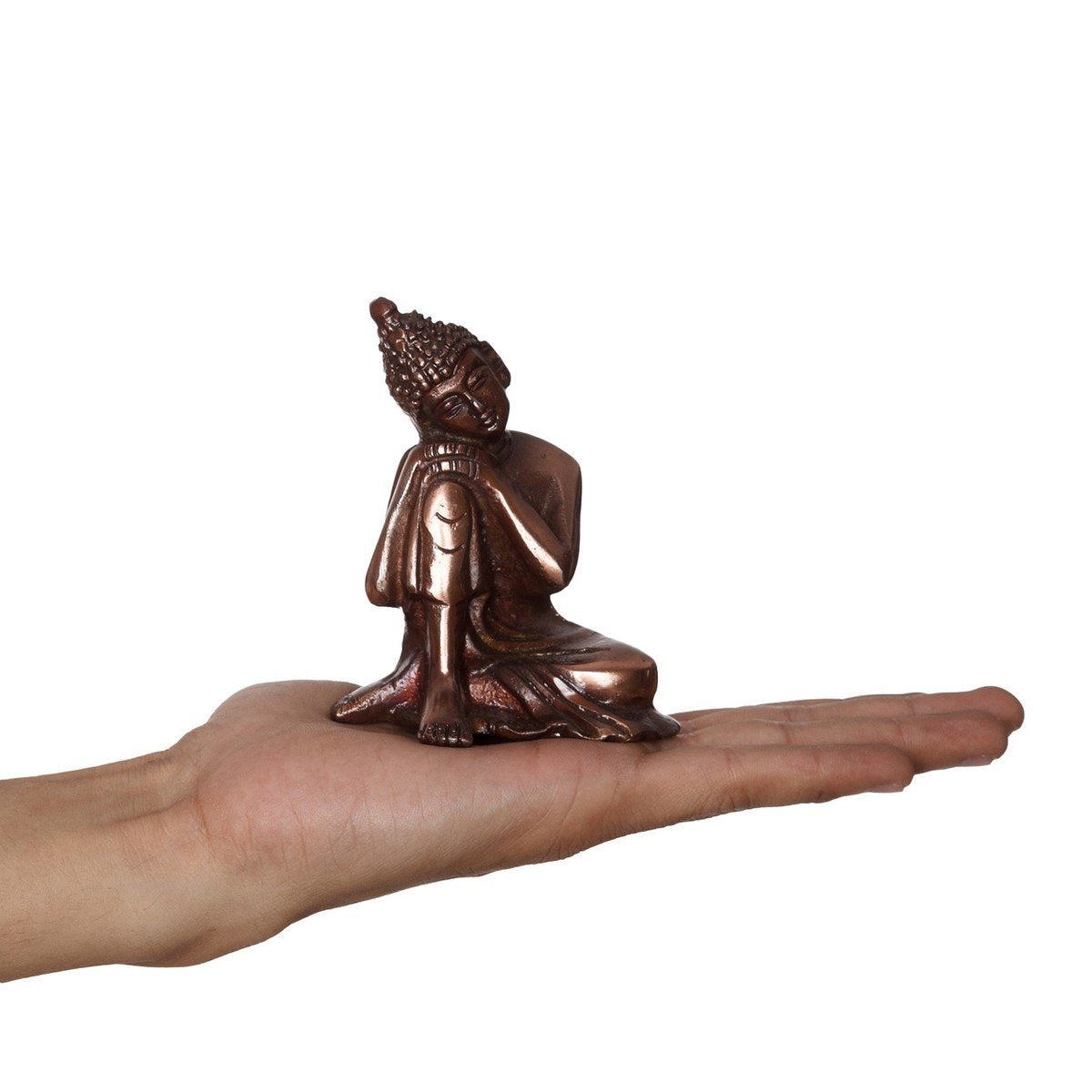 Resting Buddha on Knee Metal Showpiece (7.5 cm x 5.38 cm x 9.38 cm, Brown, AGB506)