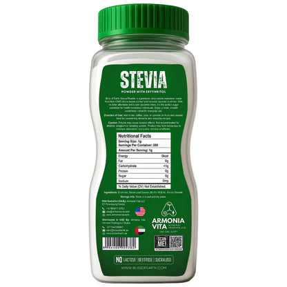 Bliss of Earth Stevia Powder, Organic Sugar Free Zero Calorie Sweetener Diabetic and Keto Friendly 99.8% Purity Vegetarian Gluten Free Quick Dissolve 200g Jar