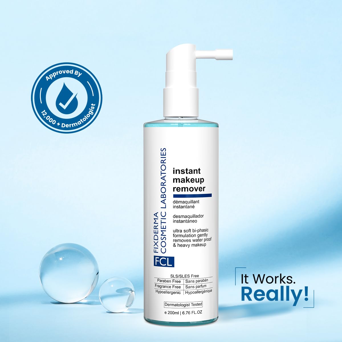 FCL Biphasic Instant Makeup Remover with Apple Amino Acid & Sea Buckthorn Oil | Removes Eye Makeup, Lip Makeup & Waterproof Makeup | Hydrates Skin, for All Skin Types - 200ml