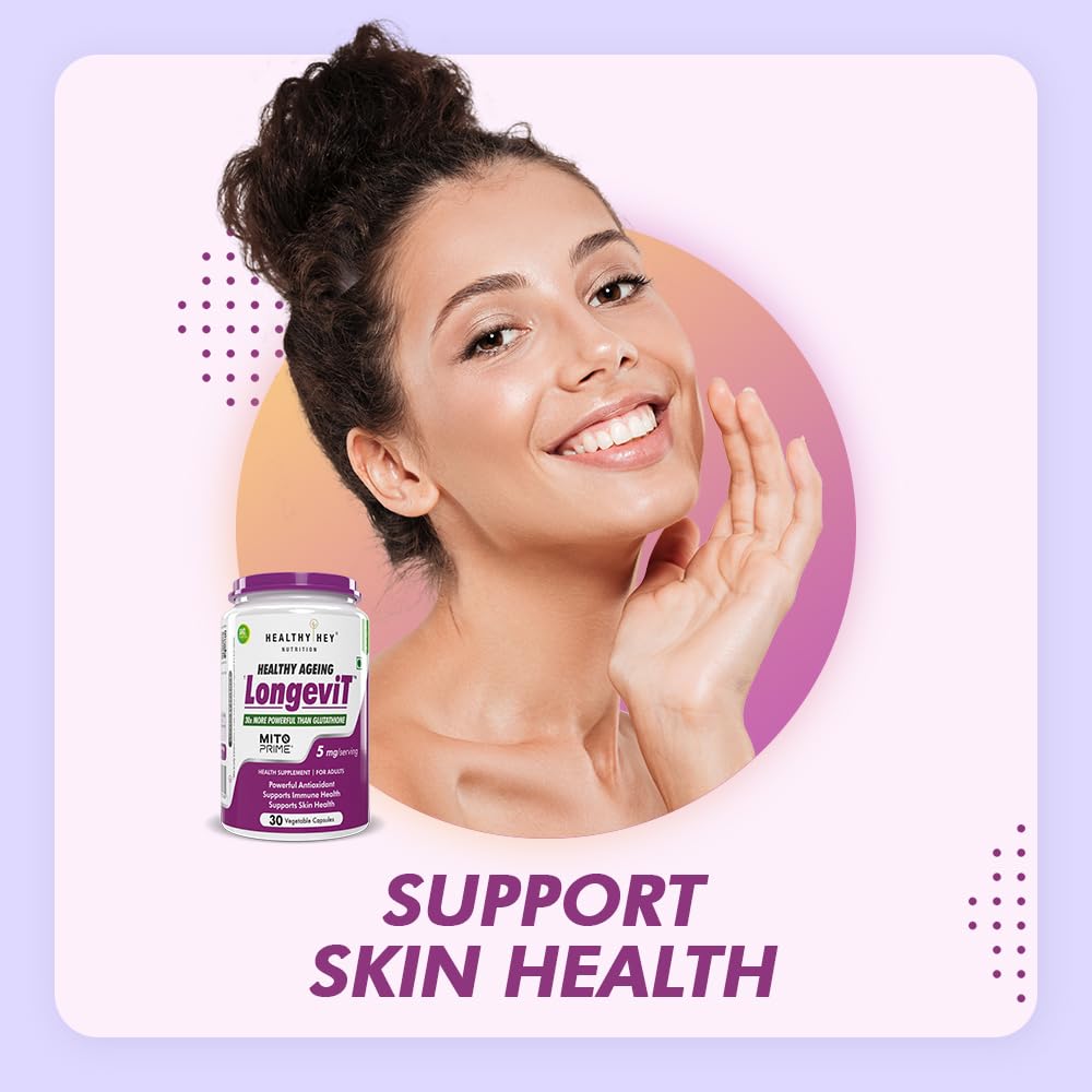Woman with glowing skin and a supplement bottle on a light purple background with 'Support Skin Health' text.