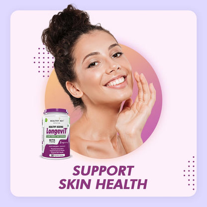 Woman with glowing skin and a supplement bottle on a light purple background with 'Support Skin Health' text.
